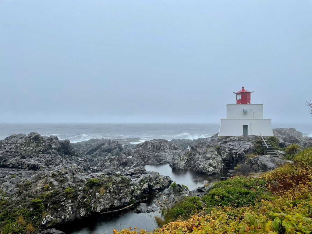 Image of the Amphitrite Lighthouse on the Lighthouse Loop section of the Wild Pacific Trail in Ucluelet